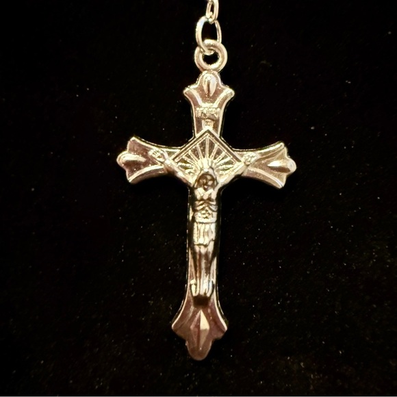 White Round Pressed Glass Prayer Rosary - Picture 5 of 5